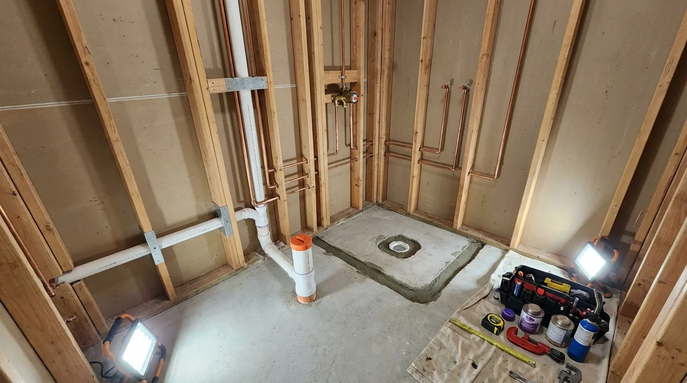 Bathroom rough-in plumbing during remodel by Johns Plumbing LLC in Hearne