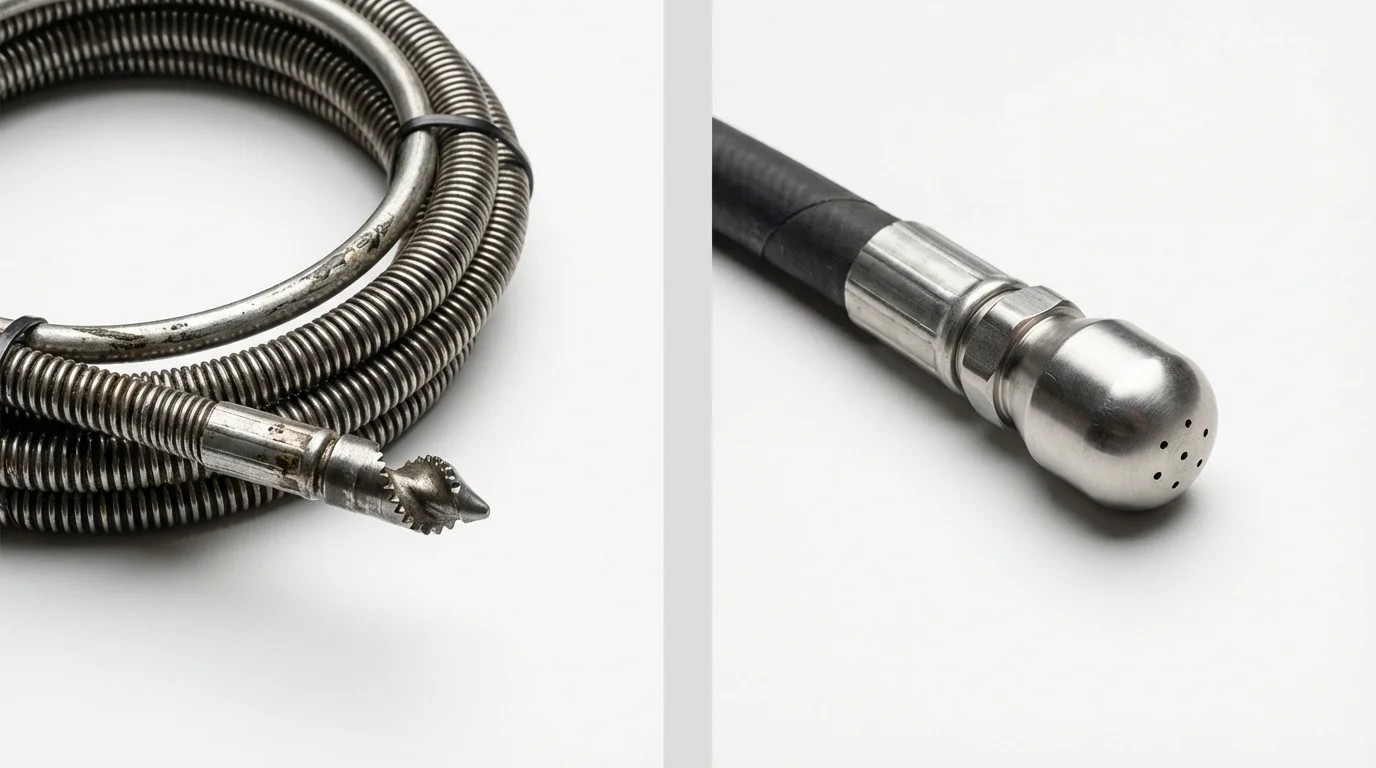 Drain snake cable and hydro jetting nozzle used for drain cleaning in Hearne, TX