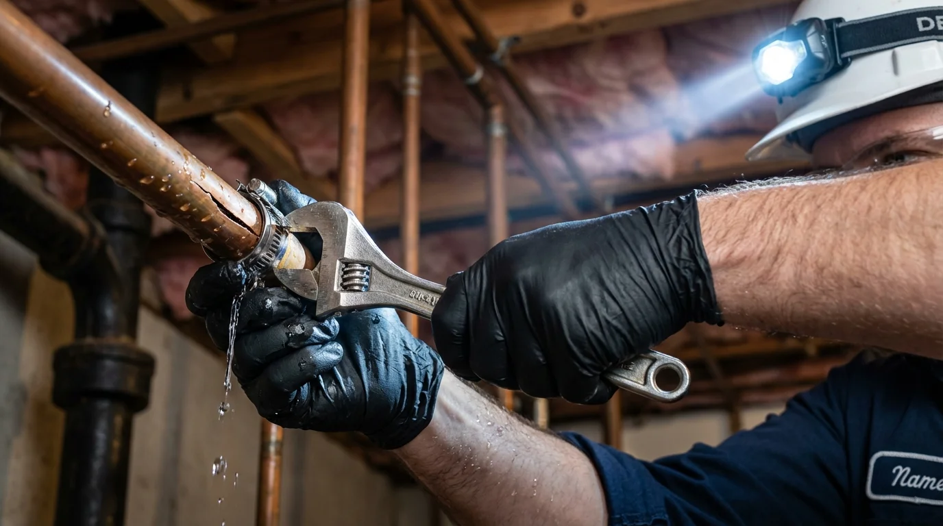 Emergency pipe clamp repair being performed by a Johns Plumbing LLC plumber in Hearne