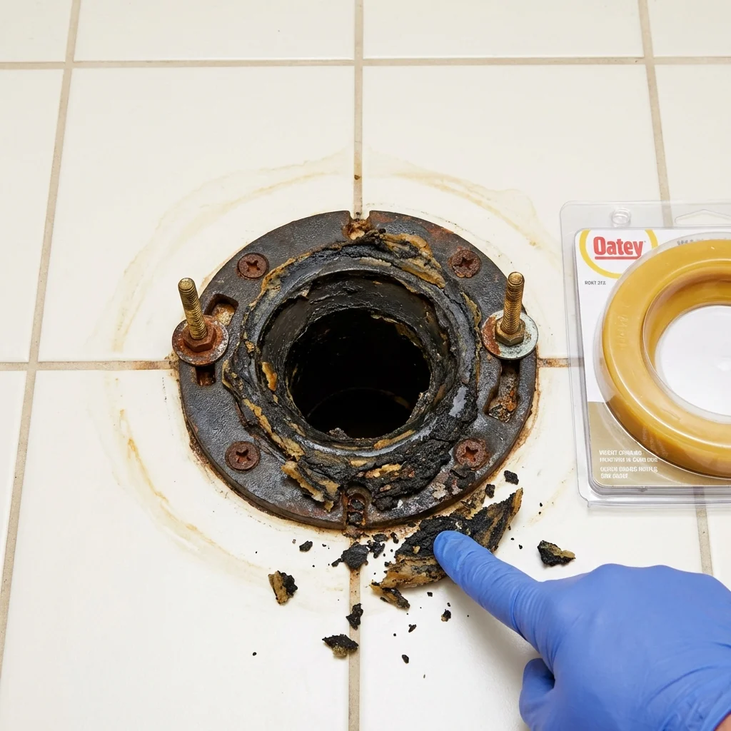 Failed wax ring showing water seepage at the base of a toilet in a Hearne, TX home