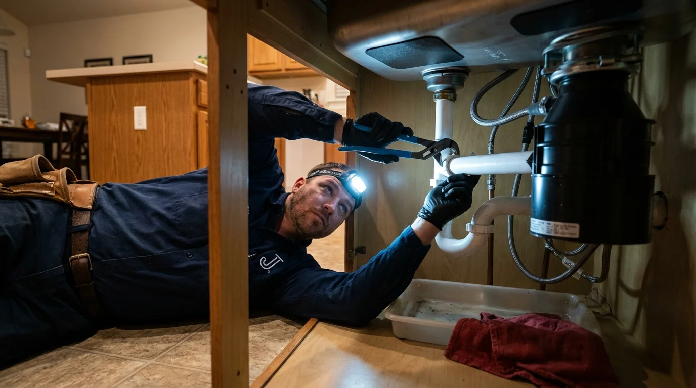 P-trap and supply line connections under a kitchen sink showing a common leak point in Hearne, TX
